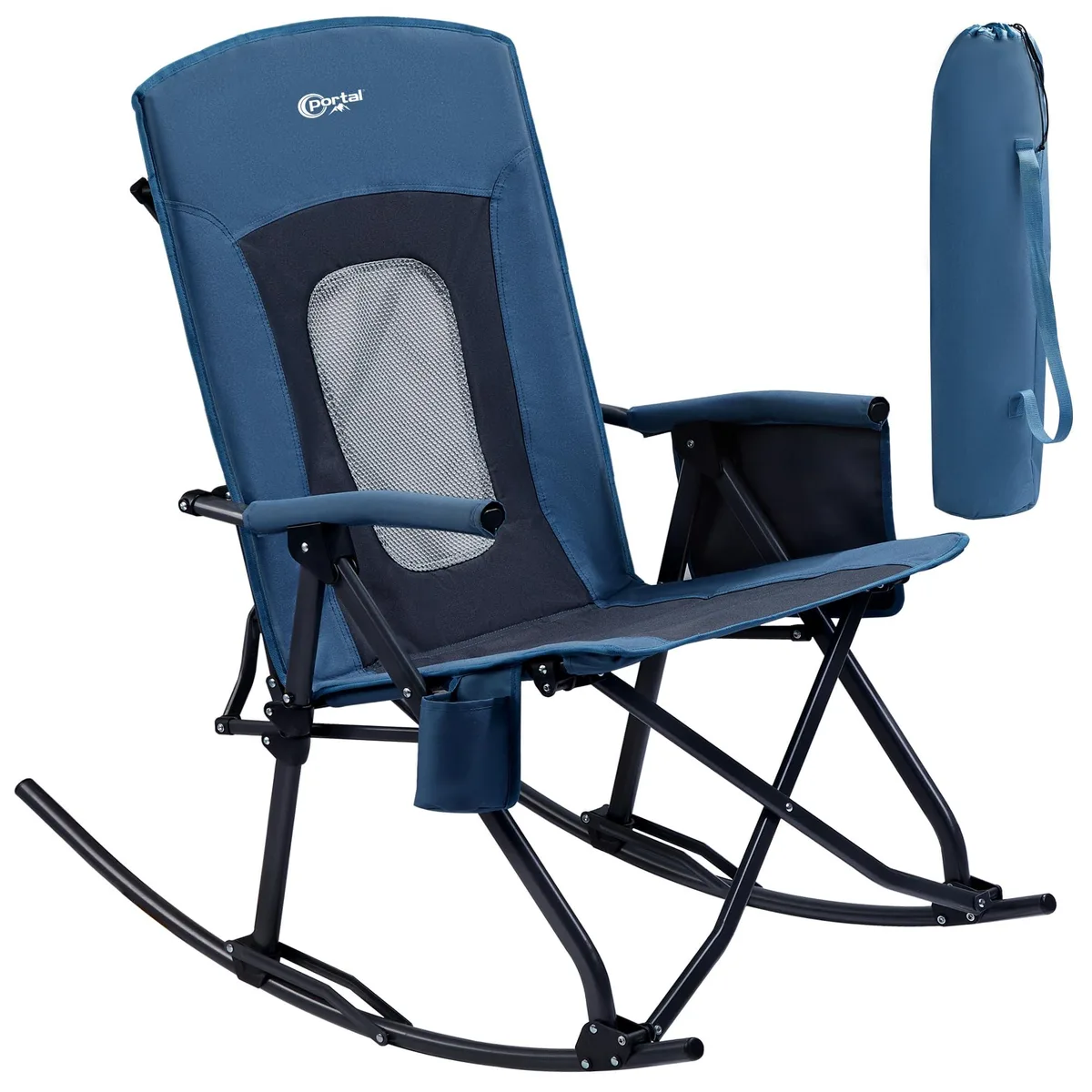 Blue mesh-back folding rocking chair with steel frame and carry bag