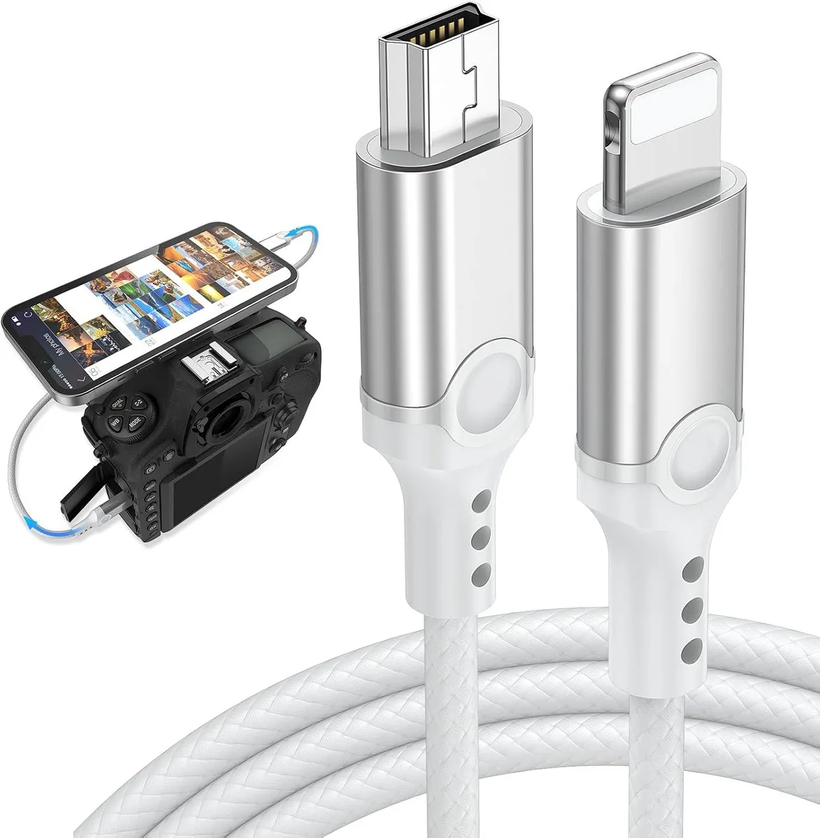 Lightning to Mini USB cable with braided nylon finish, 3.3ft long