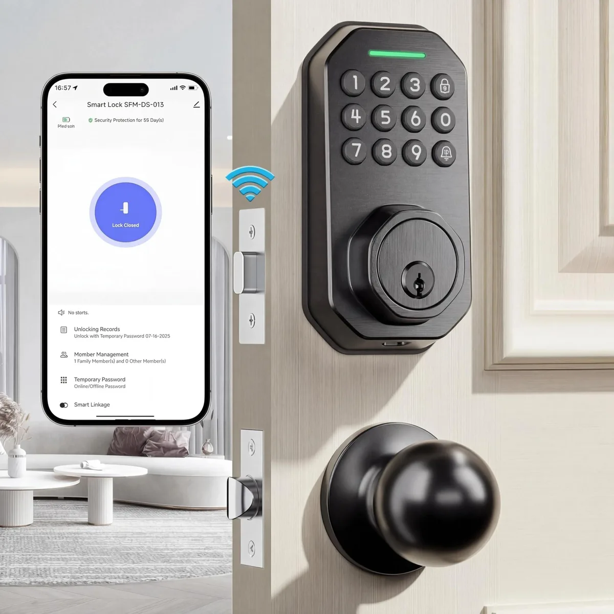 Black rectangular smart lock with keypad and knob, metal finish, 2.8 by 2.3 by 5.8 inches
