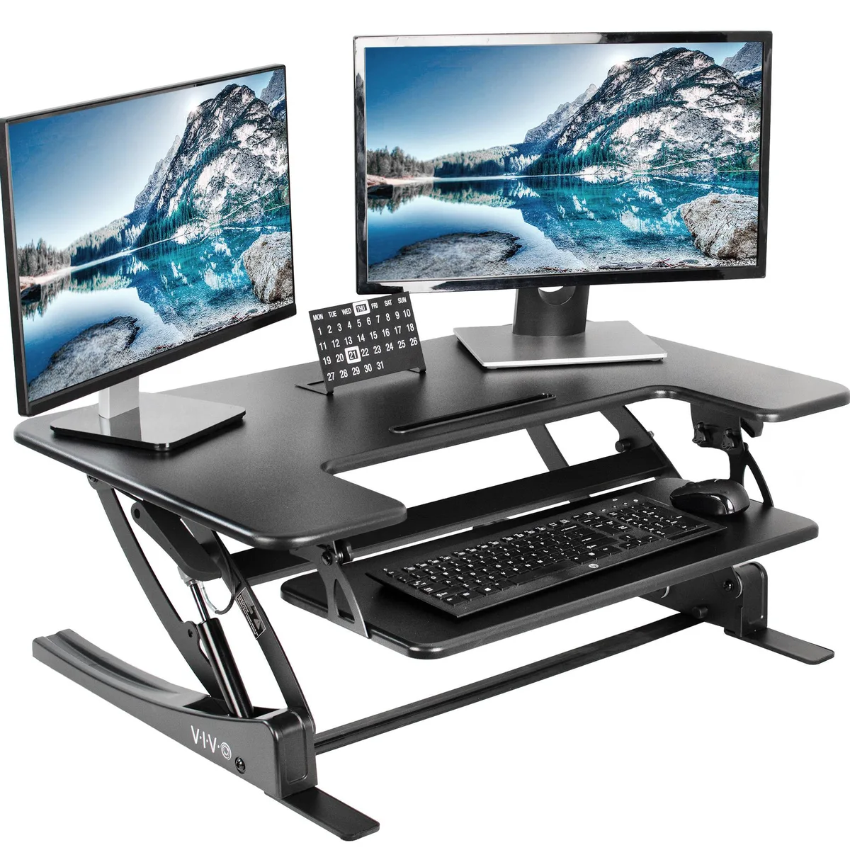 Black two-tier desk riser, 36 by 22 inch top, 25 by 10.5 inch keyboard tray, steel frame, height range 6.5 to 17 inches