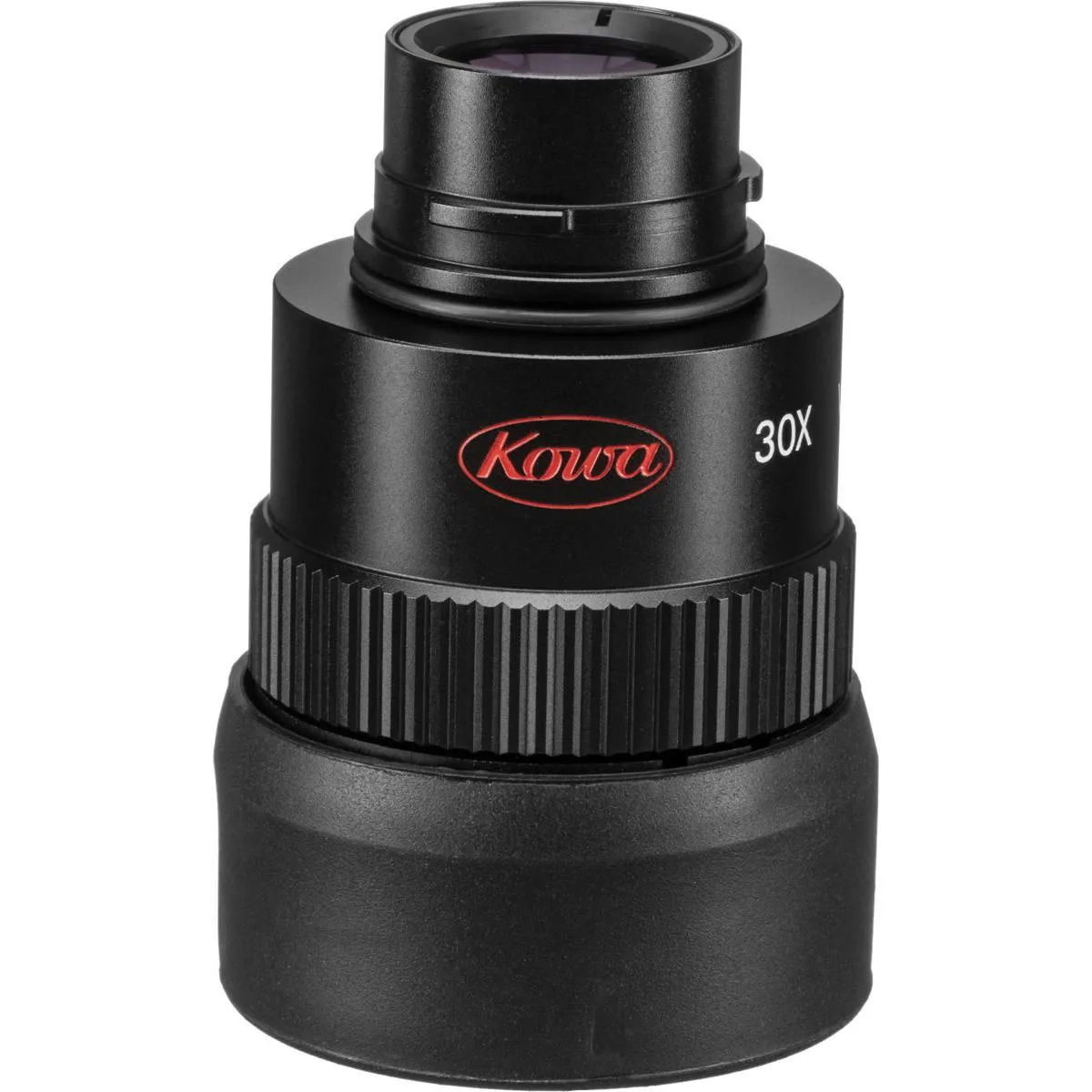 Black cylindrical eyepiece with ribbed rubber grip and wide front lens