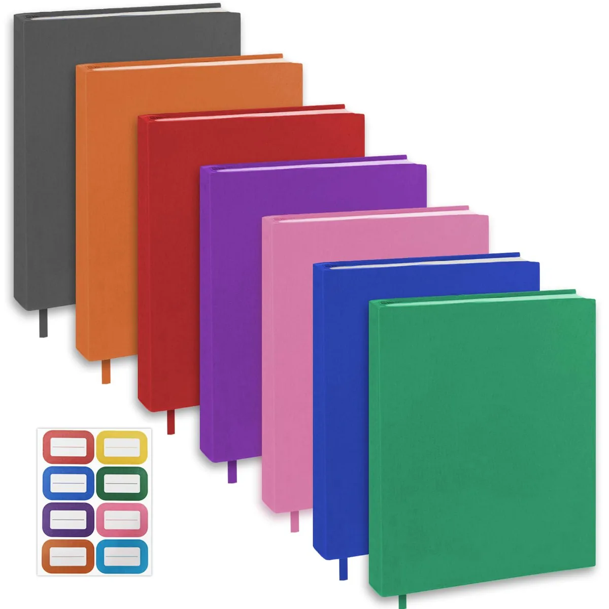 Seven stretchable nylon book covers in assorted colours with ribbon bookmarks and label stickers