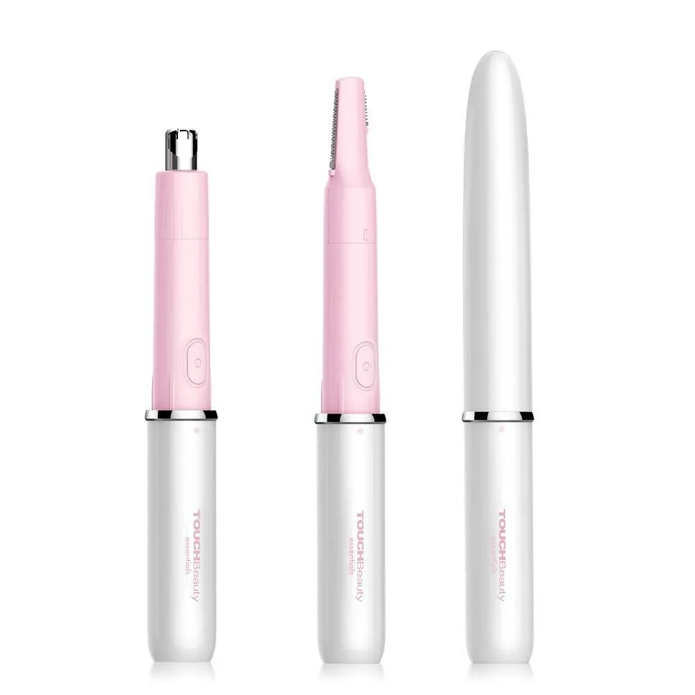 Black pen-shaped trimmer with two interchangeable heads and cleaning brush
