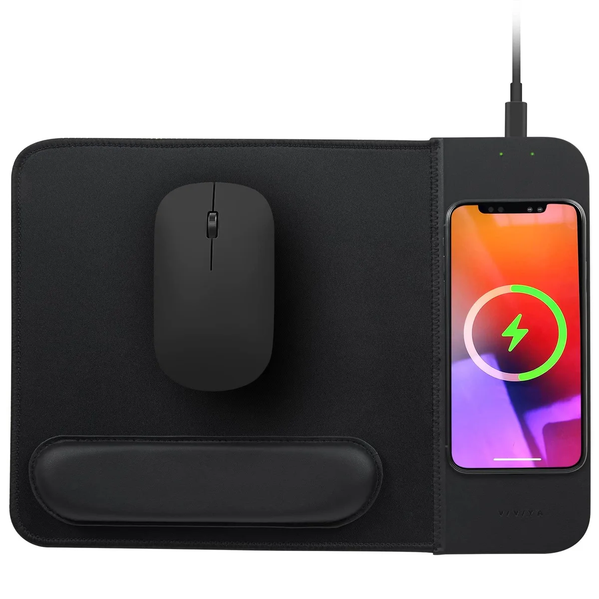 Rectangular mouse mat with dark fabric surface, padded wrist rest, and USB-C cable visible