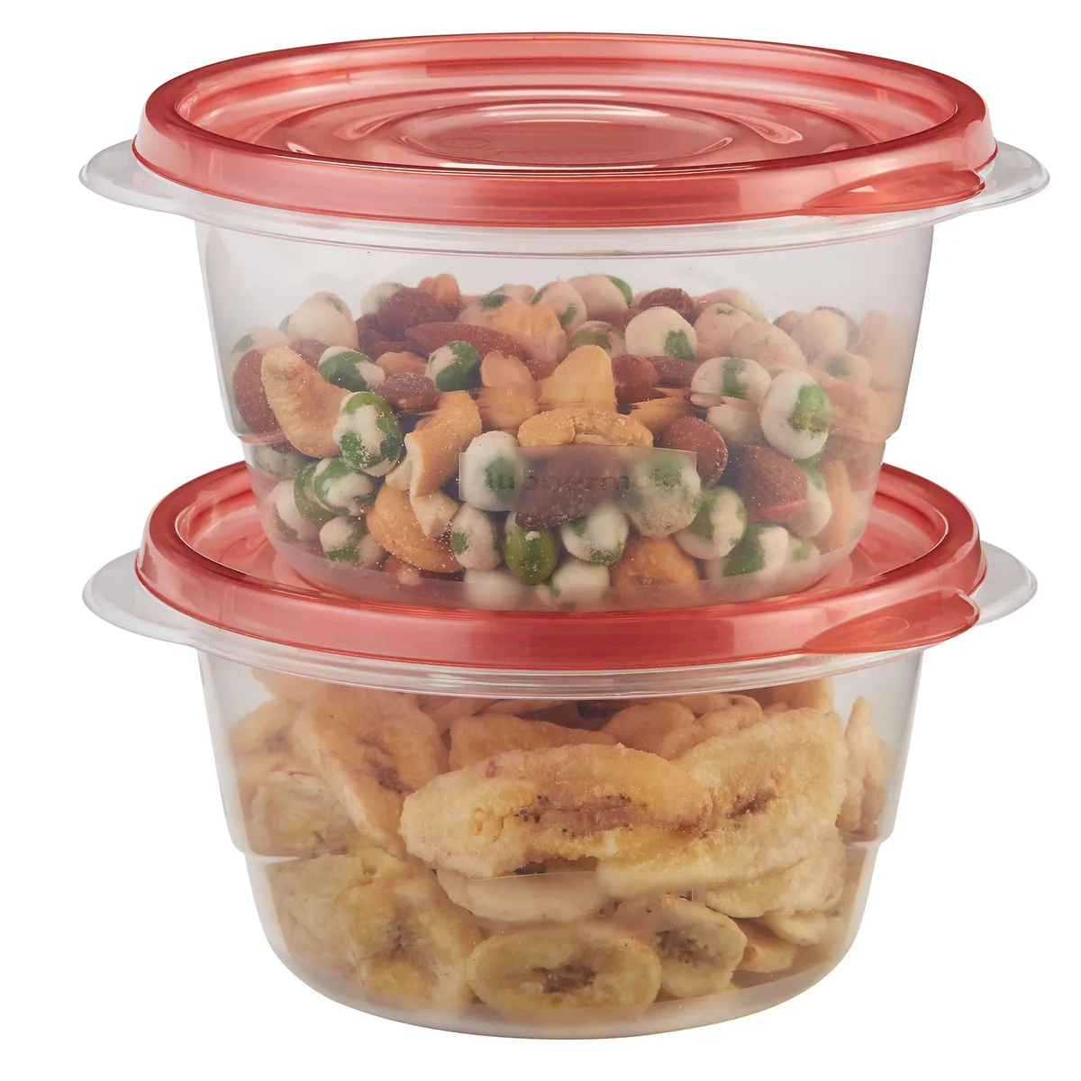 Two red rectangular food containers with click-seal lids, stackable design, 3.2 cup capacity