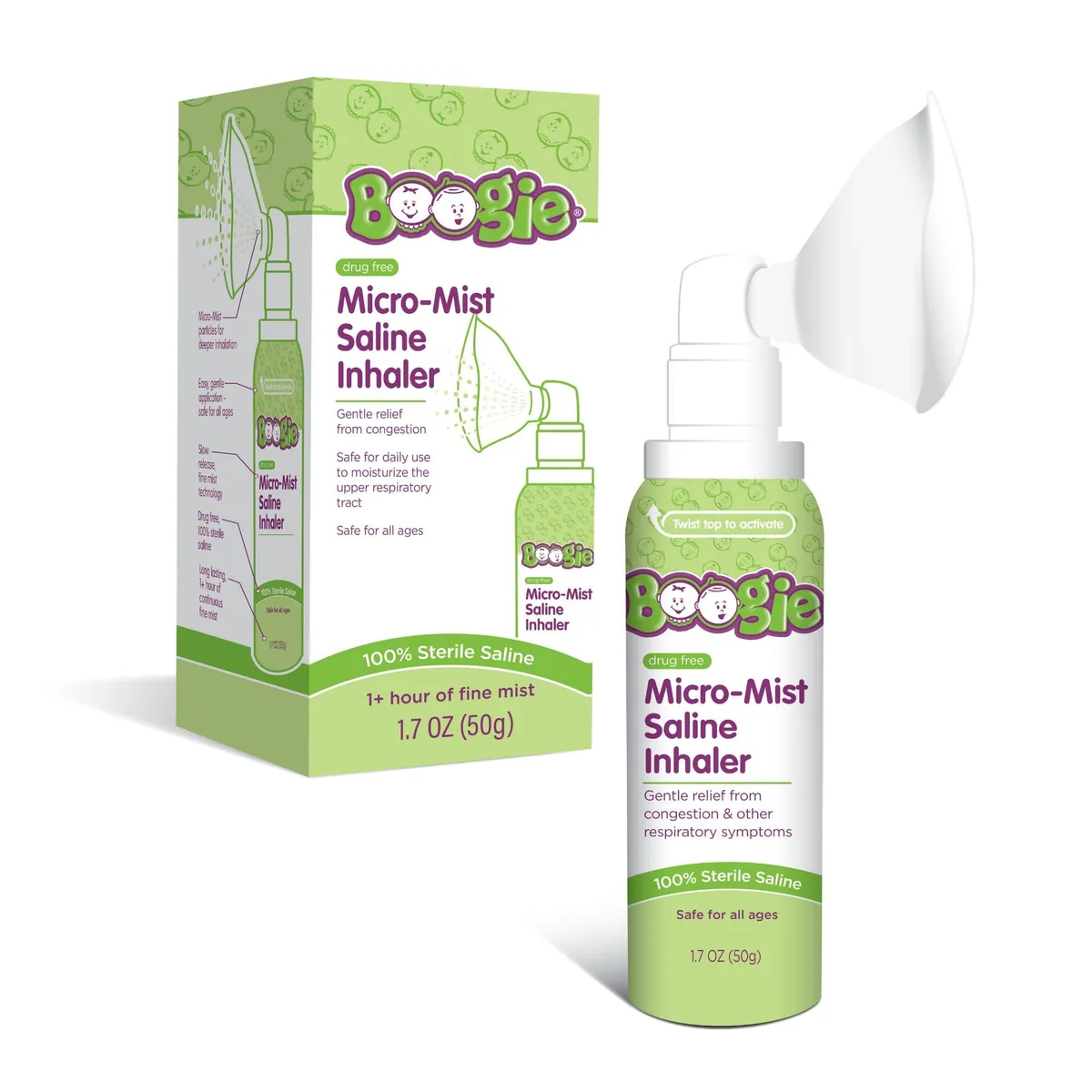White cylindrical saline inhaler with clear removable mask and nozzle, 1.7 oz unscented