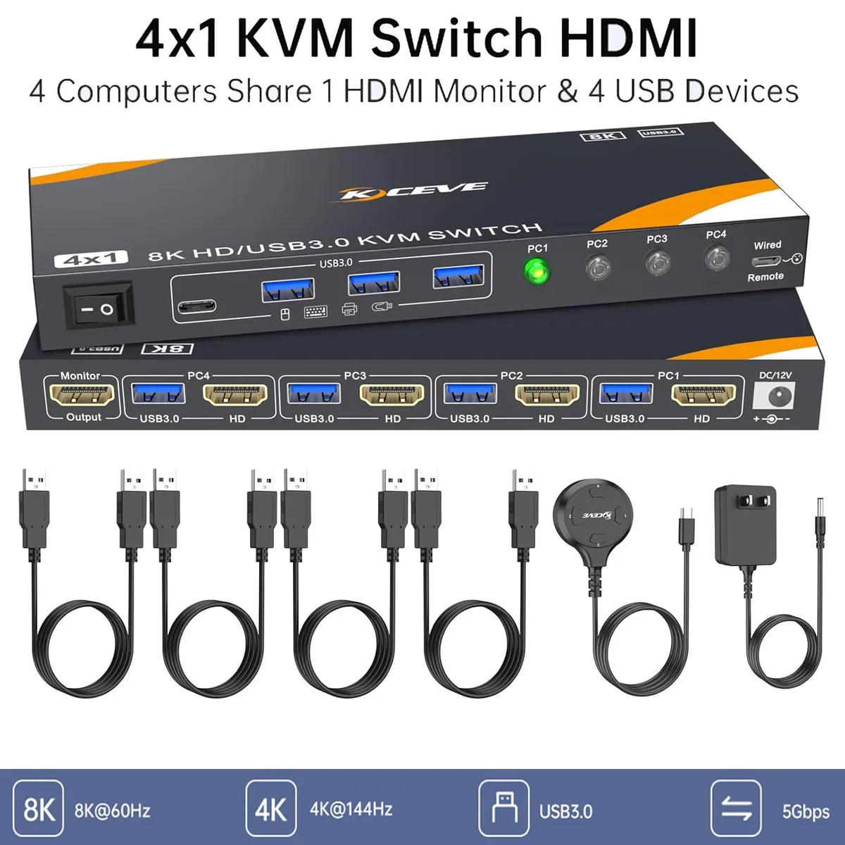 IHDAPP IHDAPP 8401B 4-Port HDMI 2.1 KVM Switch 8K@60Hz 4K@144Hz USB 3.0 Wired Remote — product photo