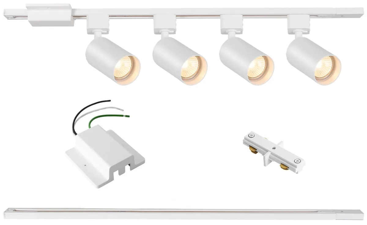 White 3.3 ft H-track rail with four adjustable GU10 heads and floating canopy connector