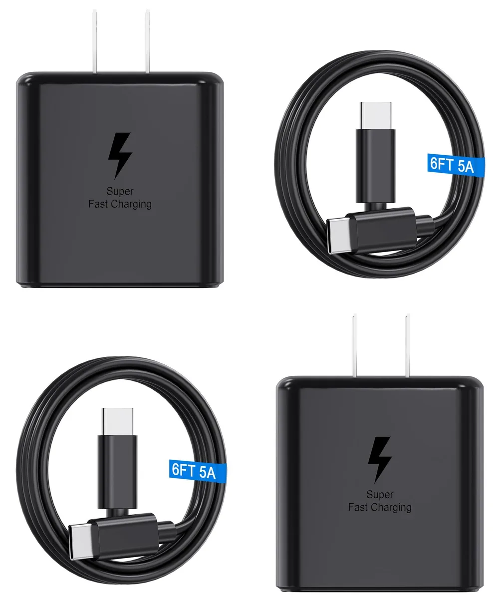 Two compact white wall chargers with matching six-foot USB-C cables coiled beside them