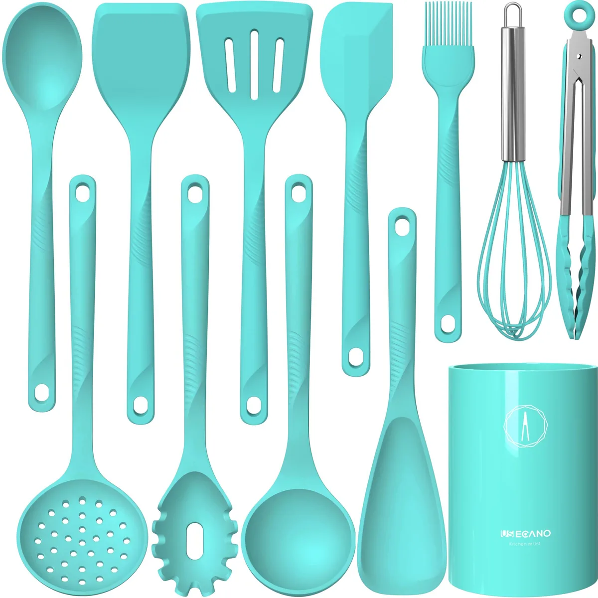 Teal 12-piece silicone utensil set with stainless steel cores, heat resistant to 600°F
