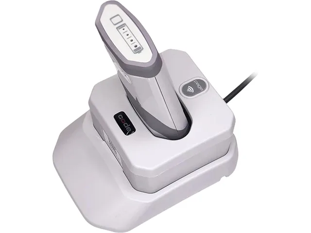 Light gray handheld barcode scanner with desktop charging base