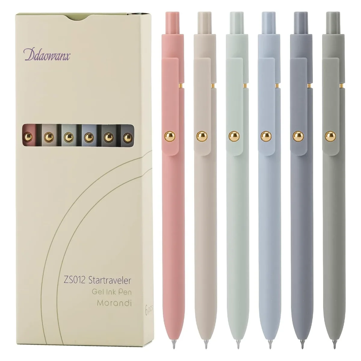 Six black retractable gel pens with clips lying side by side