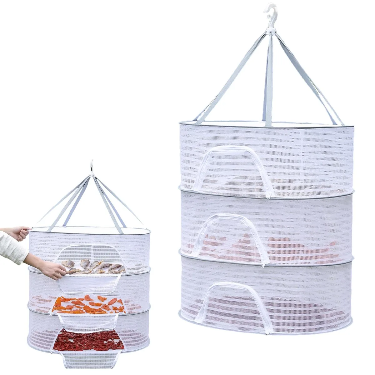 White three-tier mesh drying rack with zippered layers and wire frame, folded flat