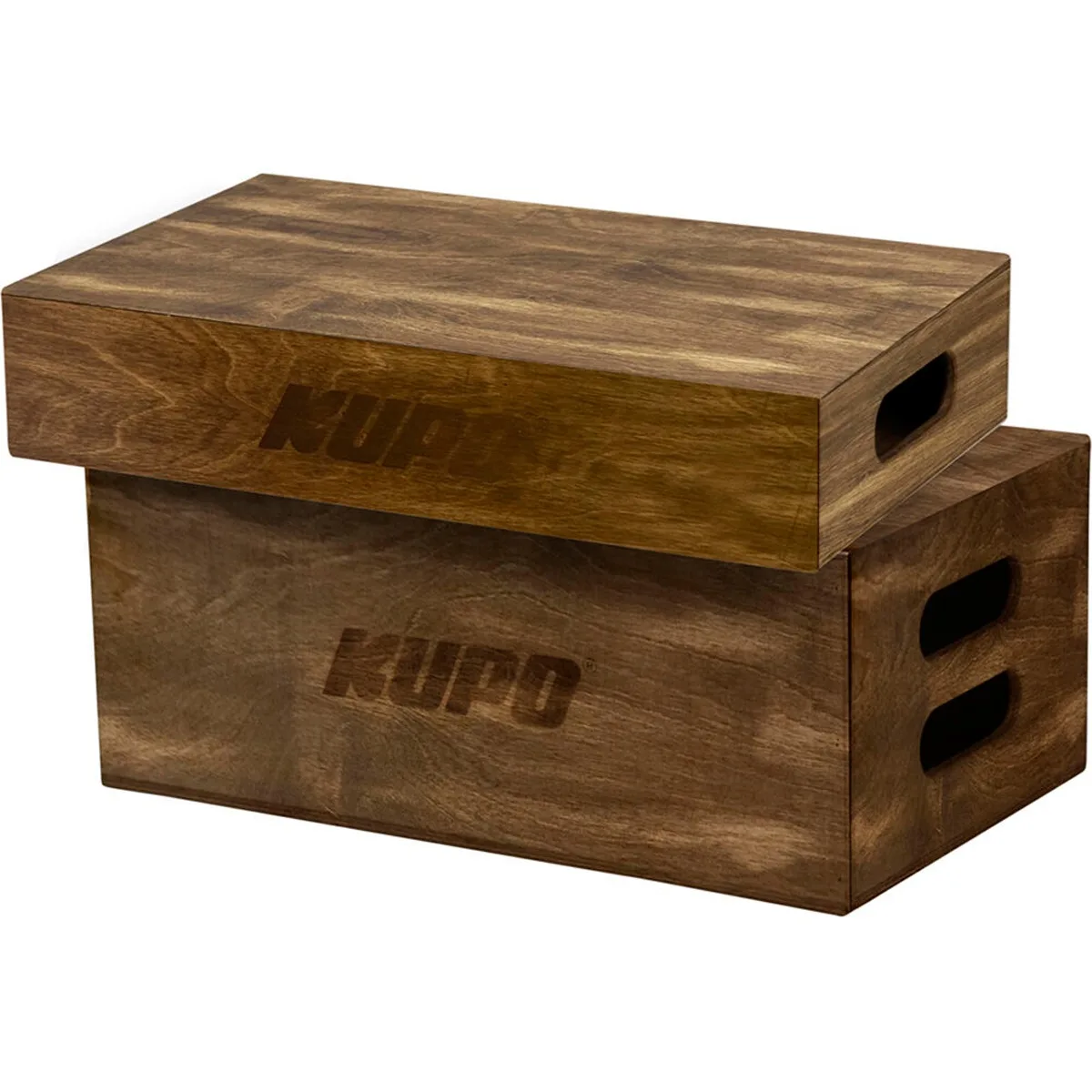 Two wooden apple boxes, brown stained finish, 20 by 12 inches