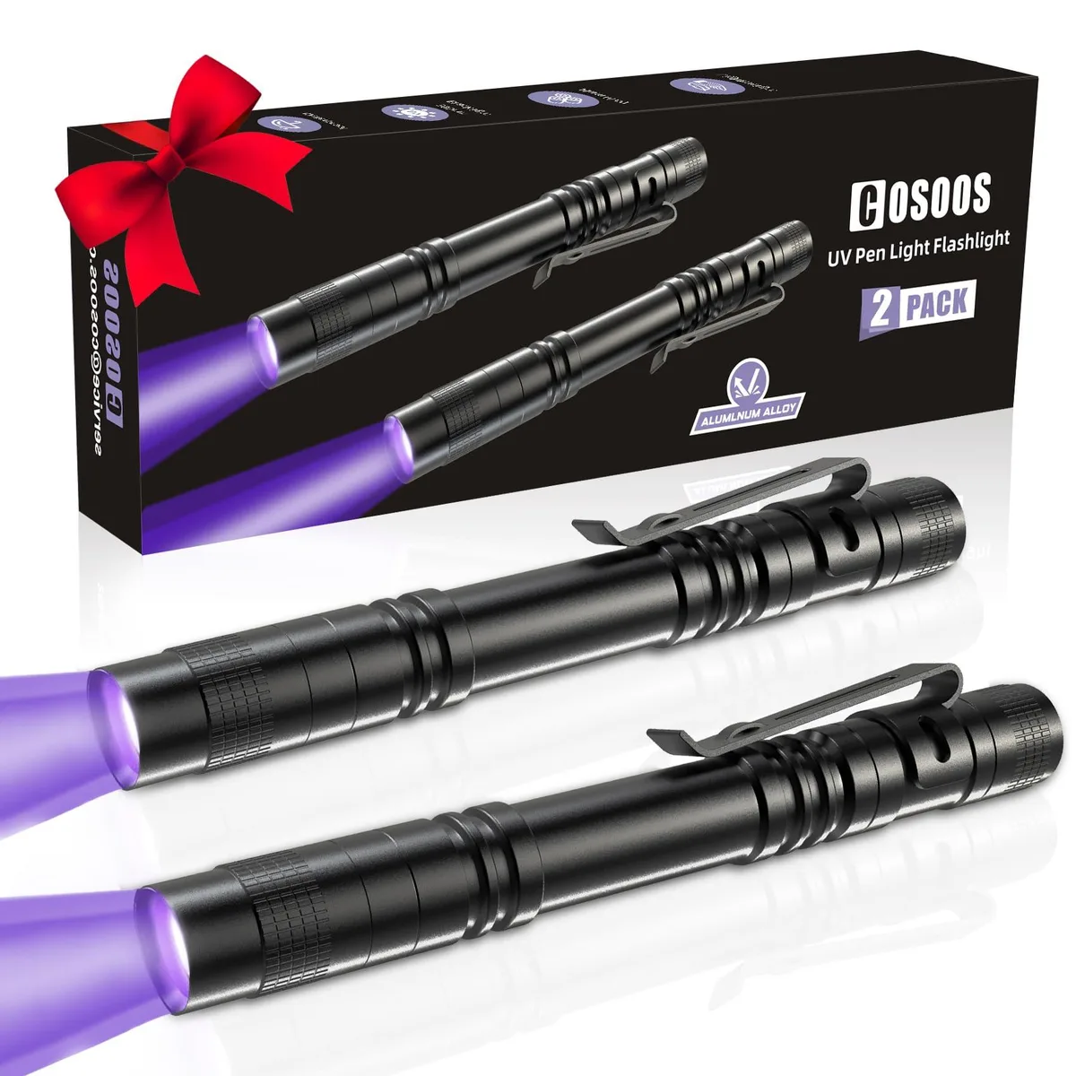 Two black metal pen lights with clips, 5.5 inches long