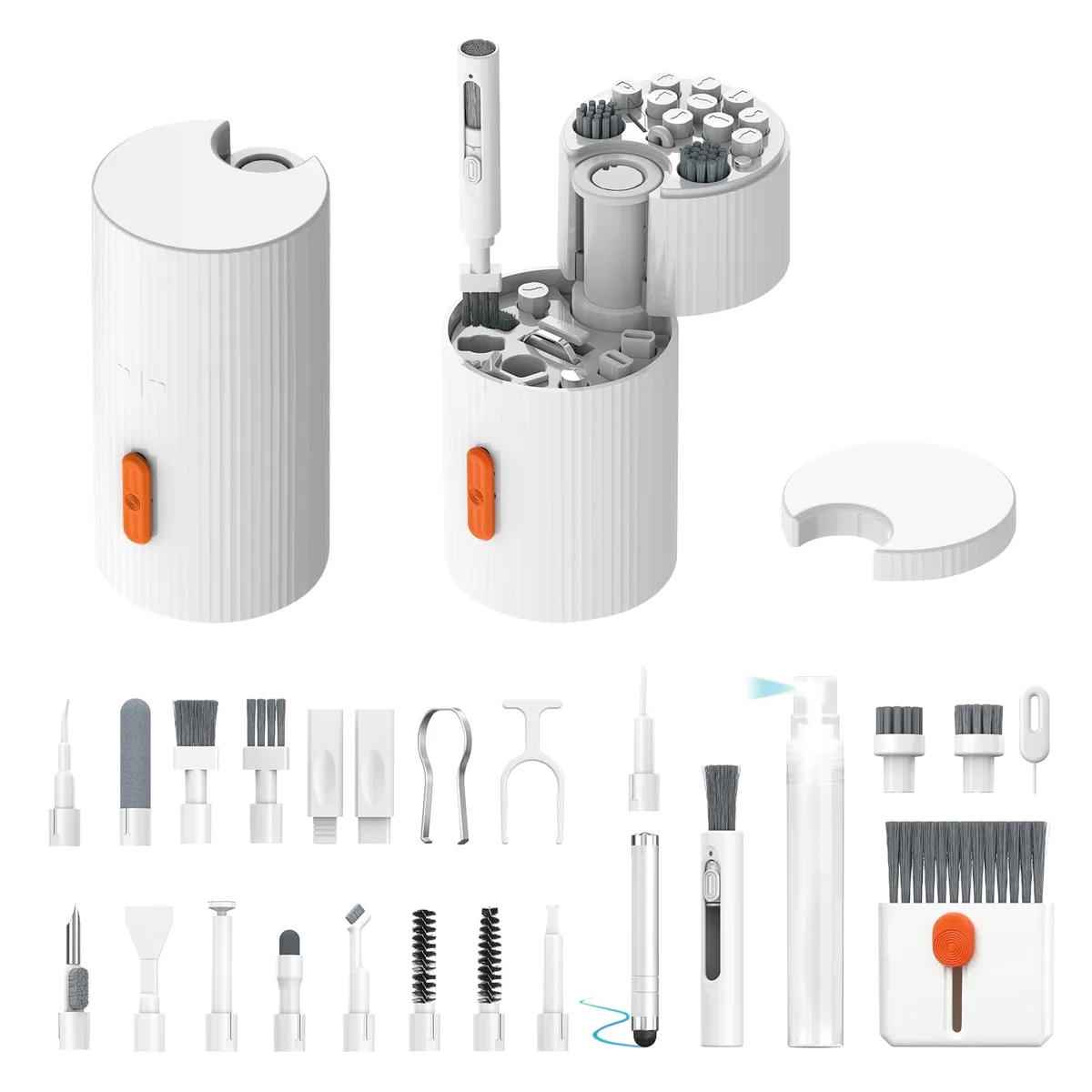Compact electronic cleaning kit with spray bottle, retractable brush, and multiple tools in a dark case