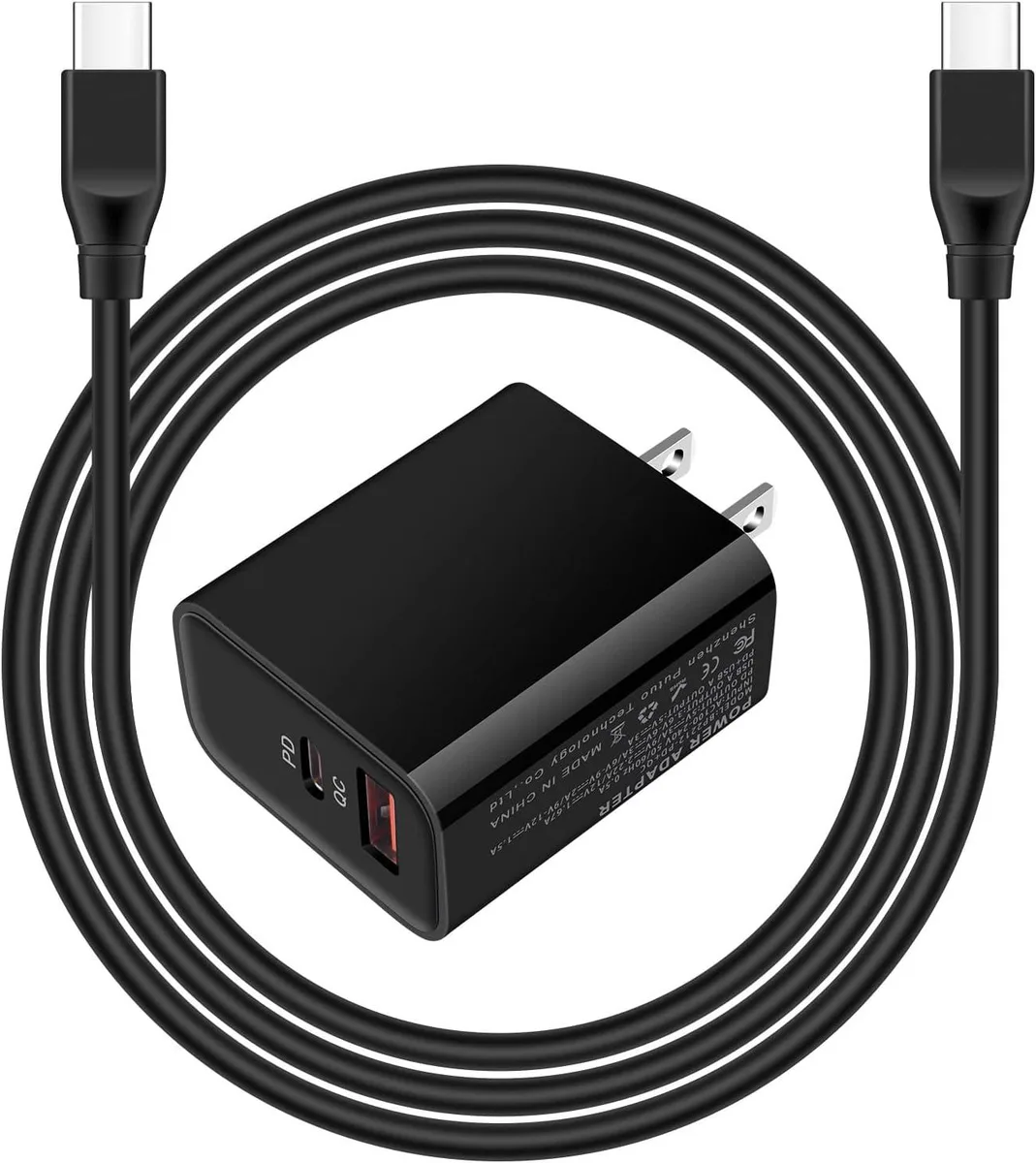 Compact white USB-C wall charger with matching USB-C to USB-C cable