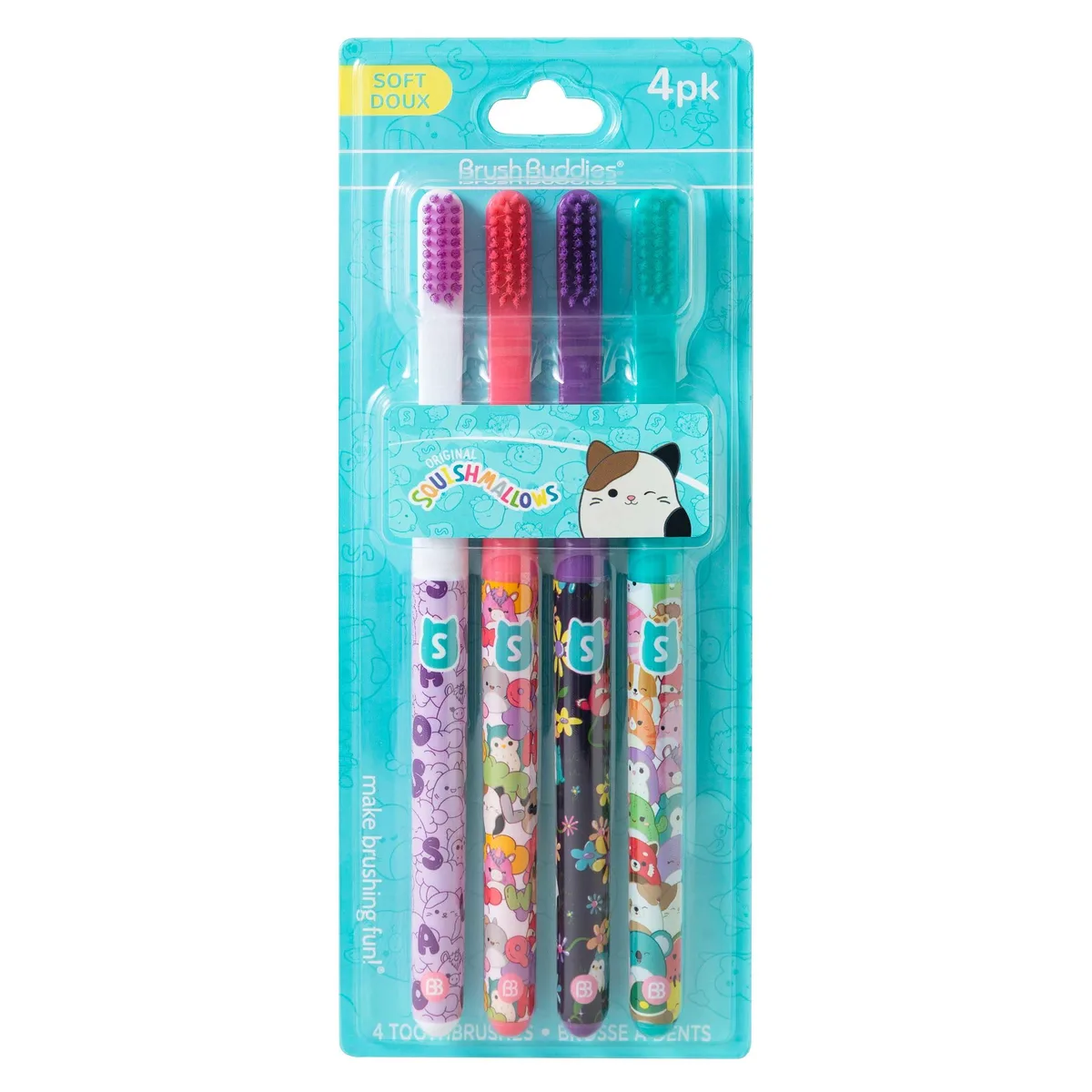 Four white manual toothbrushes with Squishmallows character handles and built-in tongue scrapers