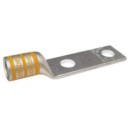 Copper two-hole compression lug, yellow colour code, short barrel, straight tongue with inspection hole