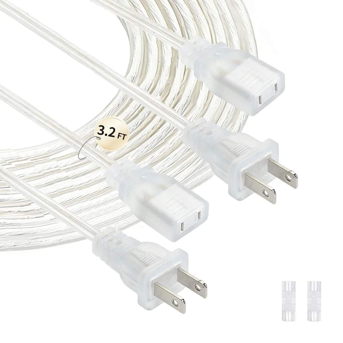 Two clear 3.2 FT extension cords with wall clips
