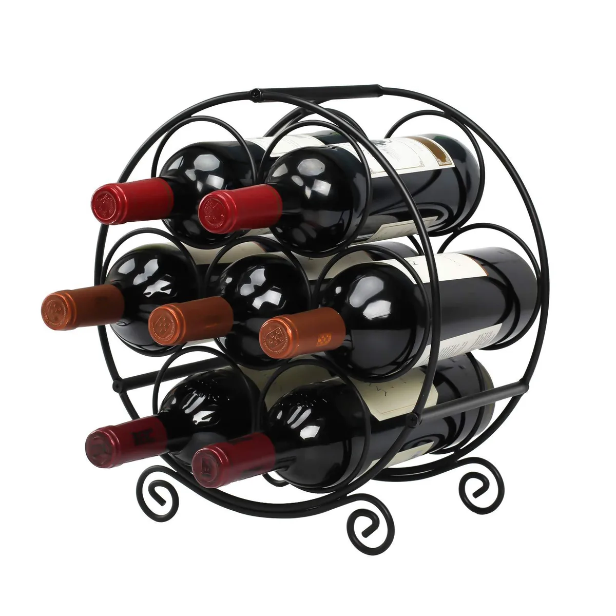 Black metal wine rack holding seven bottles horizontally on a countertop