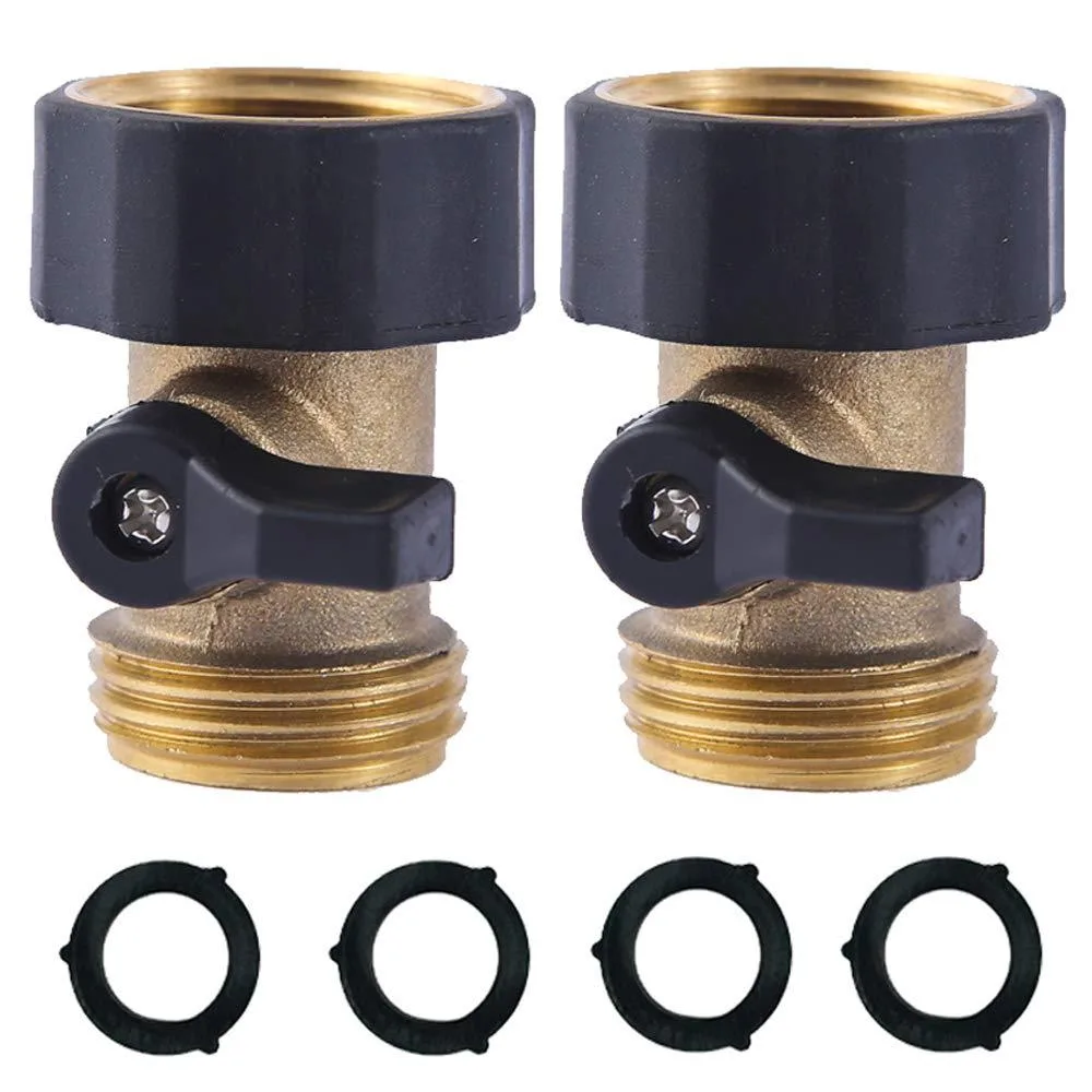 Two brass garden hose shut-off valves with aluminium handles and four washers