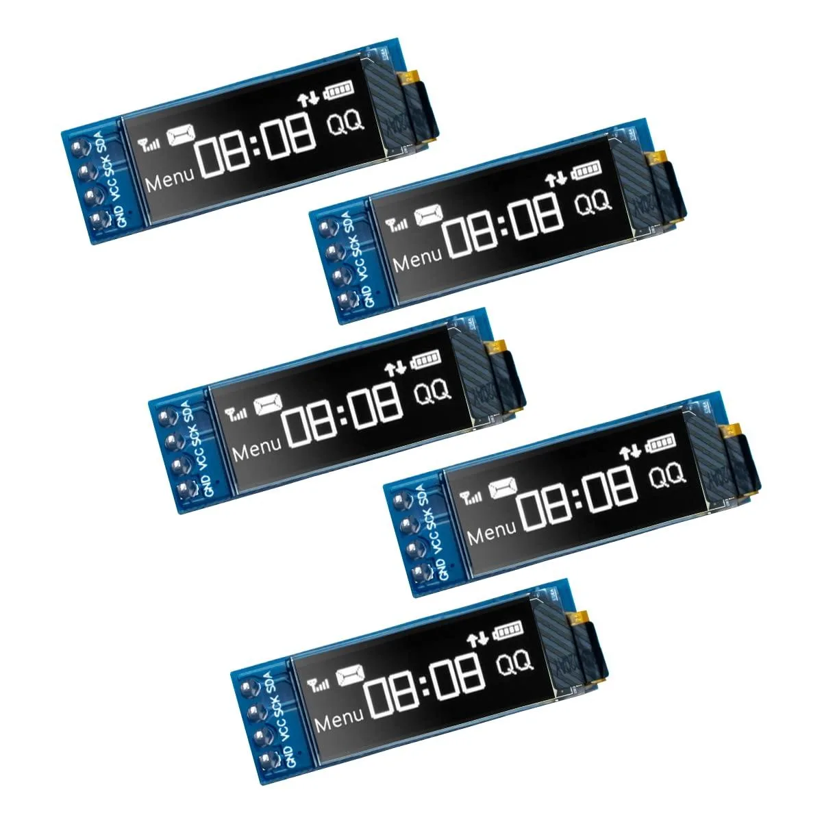 Five tiny rectangular OLED boards with white pixels and four-pin headers