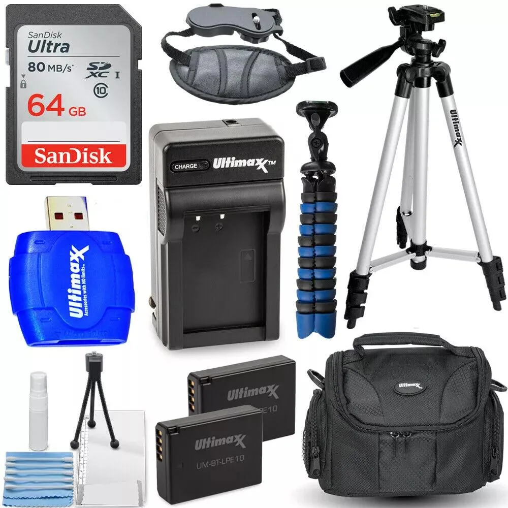 Camera accessory kit with two batteries, charger, 64GB card, 57 tripod, 12 gripster, bag, cloth, reader, strap