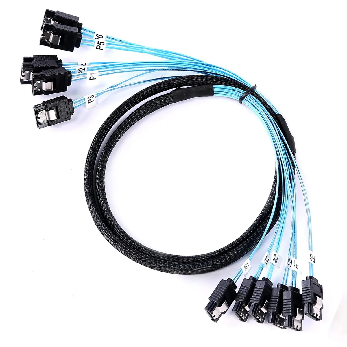 Six black and blue braided SATA data cables, one metre each, straight 7-pin connectors, labelled P1–P4