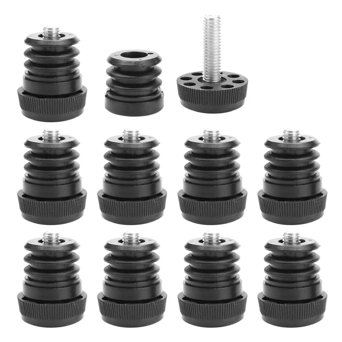 Ten black plastic tube inserts with adjustable threaded feet, round 25 mm profile