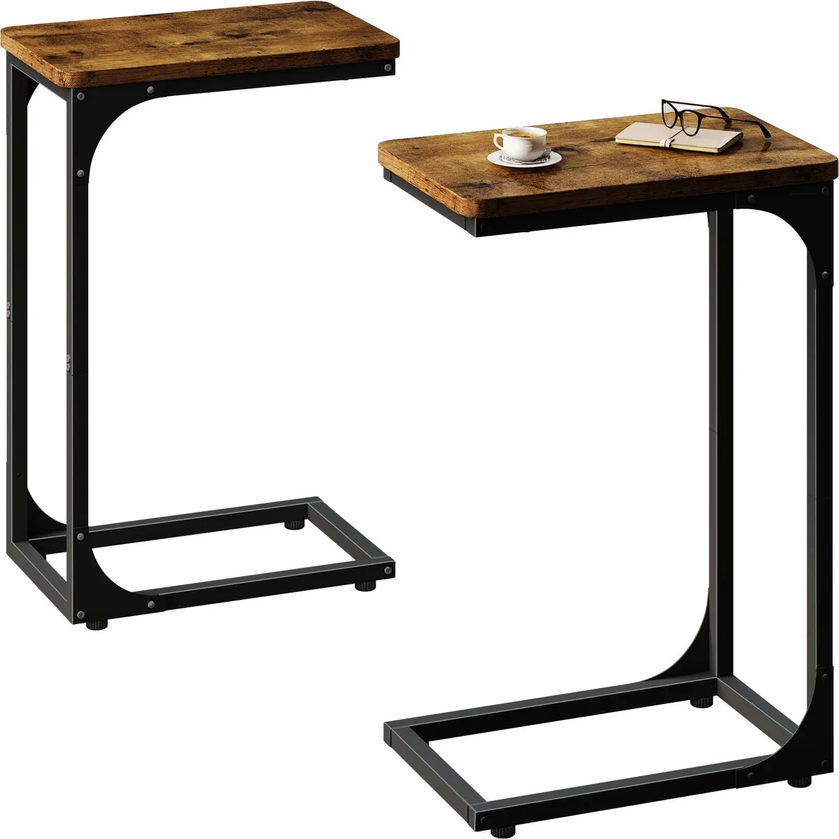 Two narrow C-shaped side tables in rustic brown with black metal frames