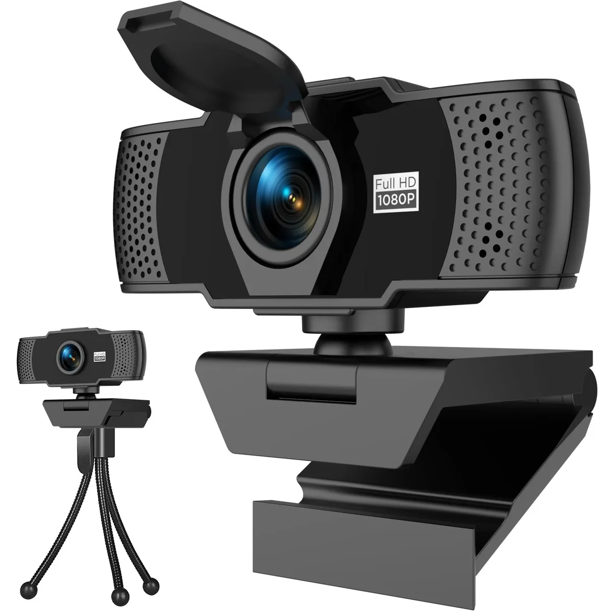 Black rectangular webcam with sliding privacy cover and USB cable