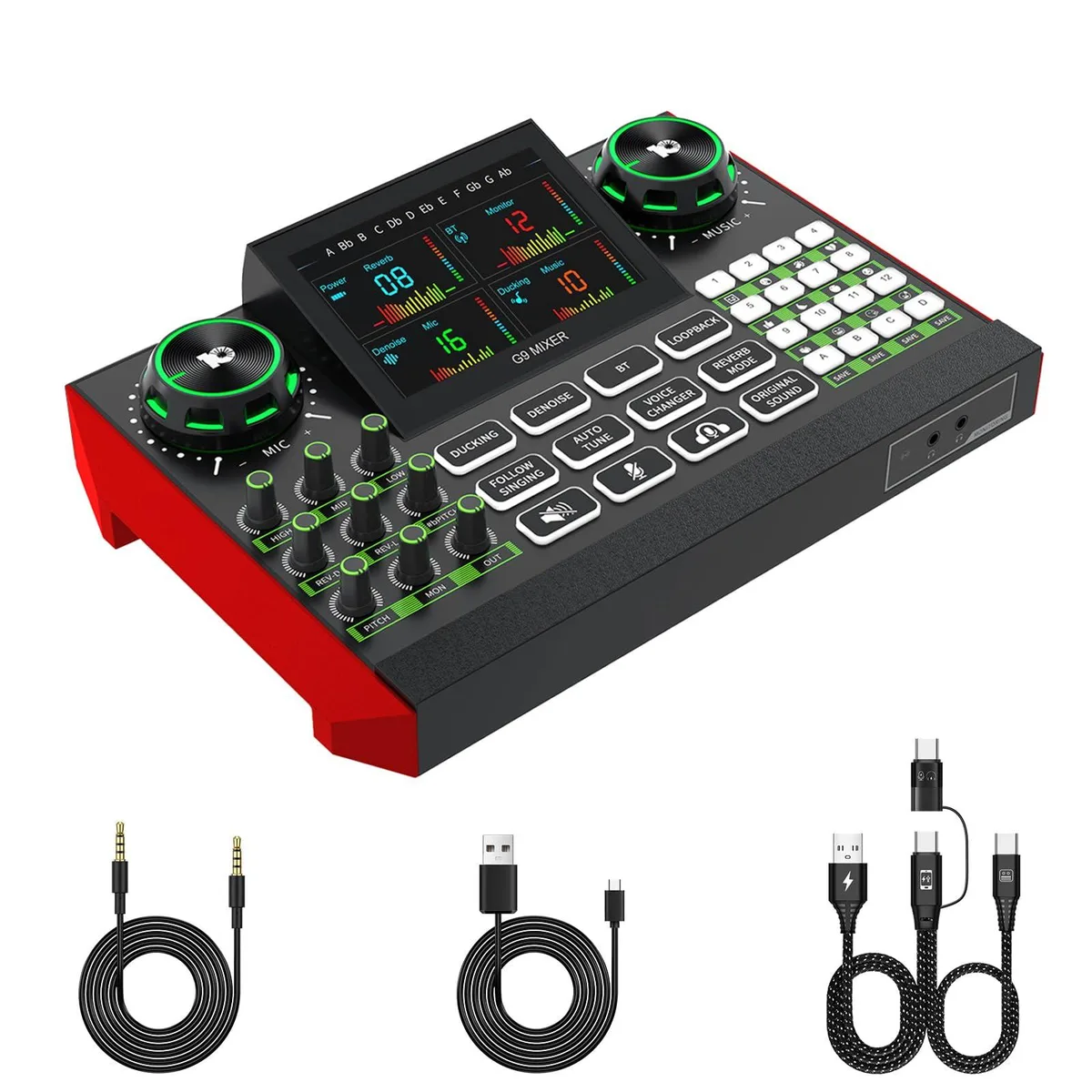  tenlamp G9 Live Sound Card Audio Mixer 4.5 inch screen 12-step auto tune — product photo