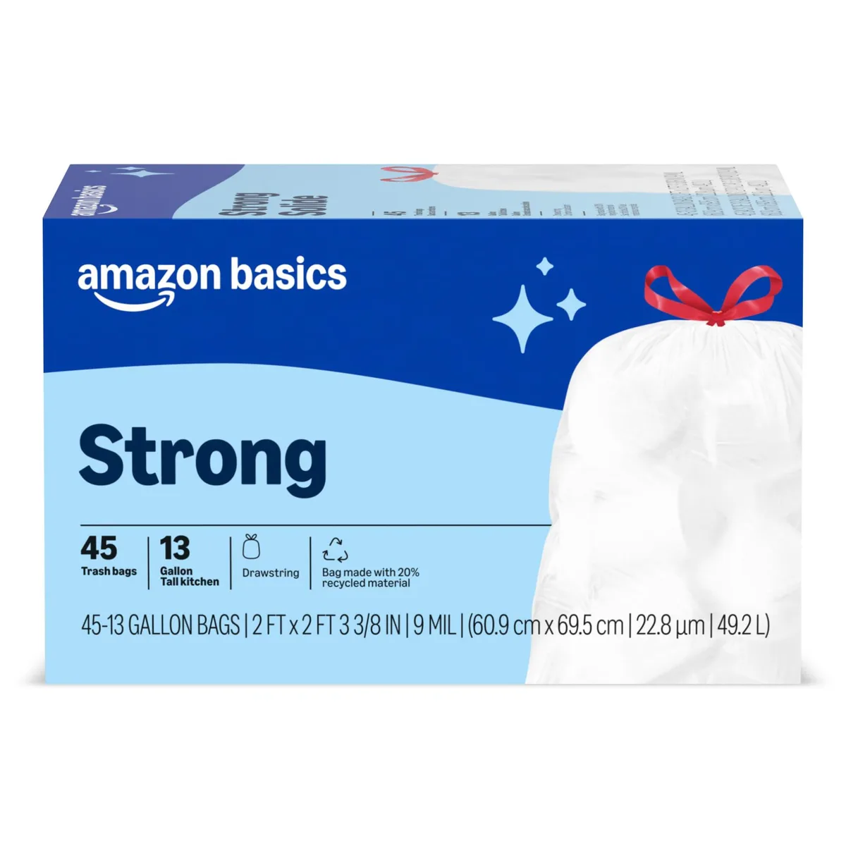 White plastic drawstring trash bags in a pack of 45
