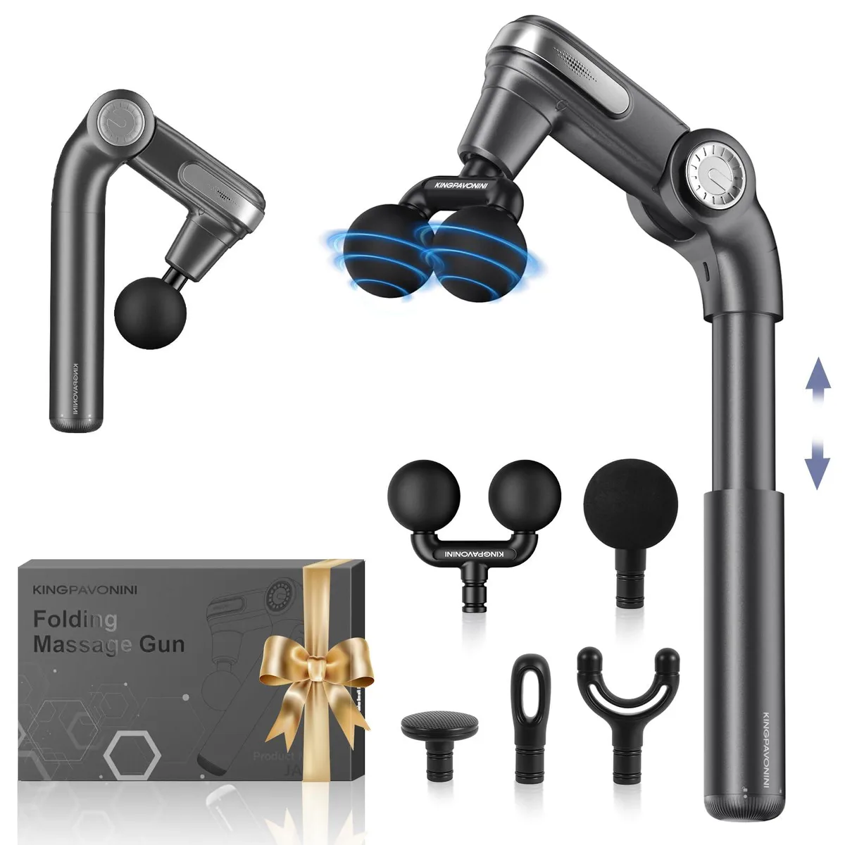Gray foldable massage gun with dual-ball head and extendable handle