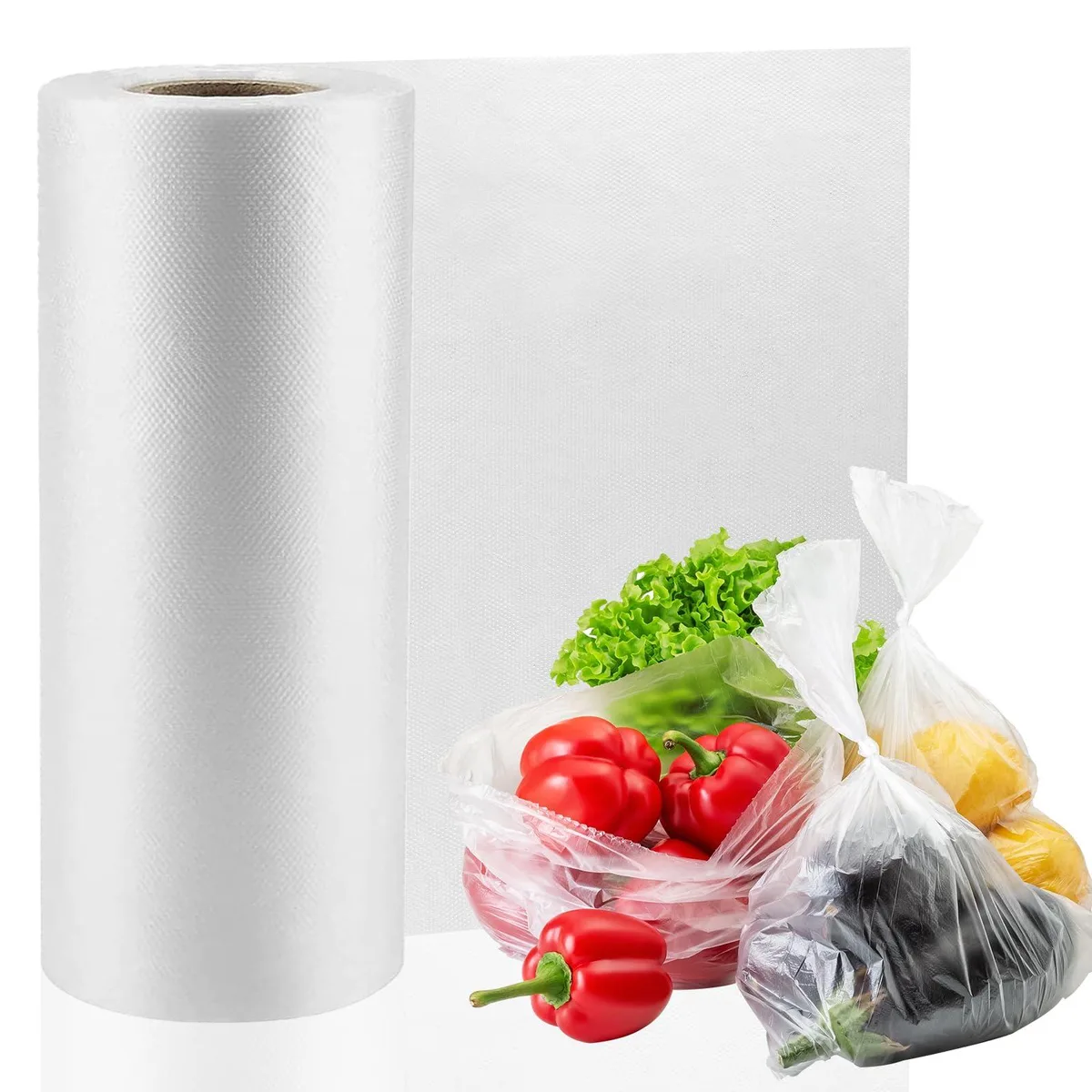 A roll of 350 clear plastic storage bags 12 by 16 inches beige packaging