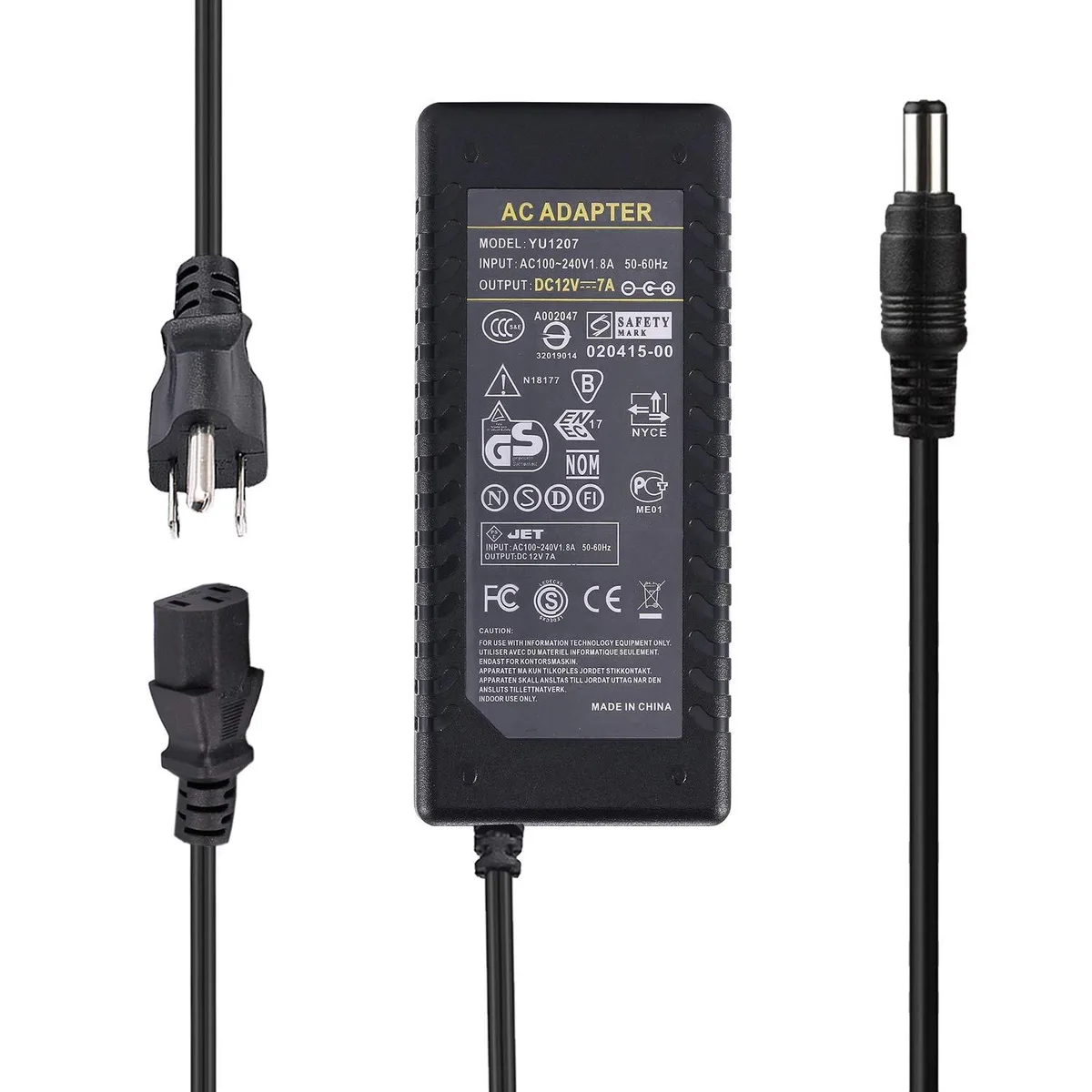 Black rectangular power adapter with 110 cm barrel cable