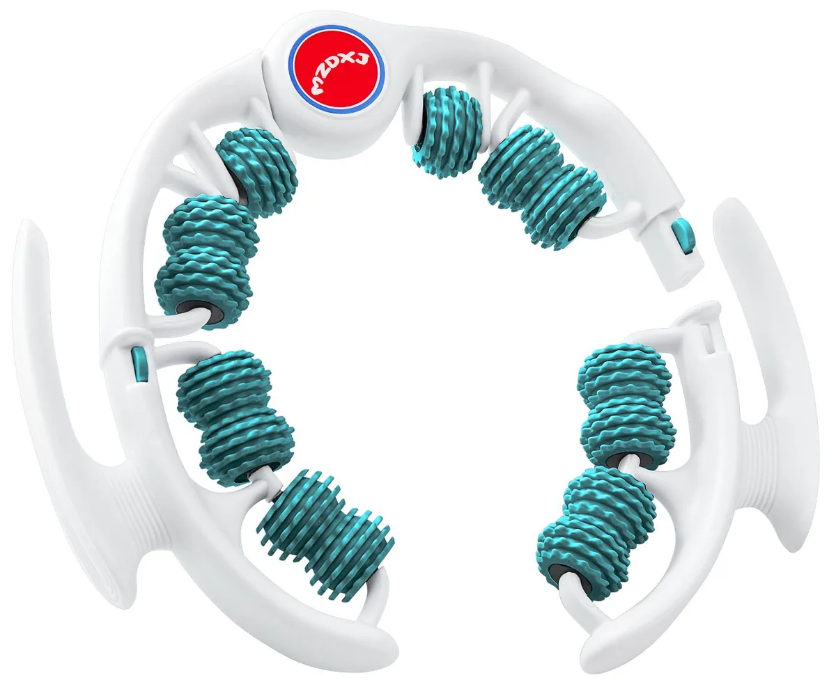 Blue handheld roller massager with 14 wheels in a ring-shaped frame