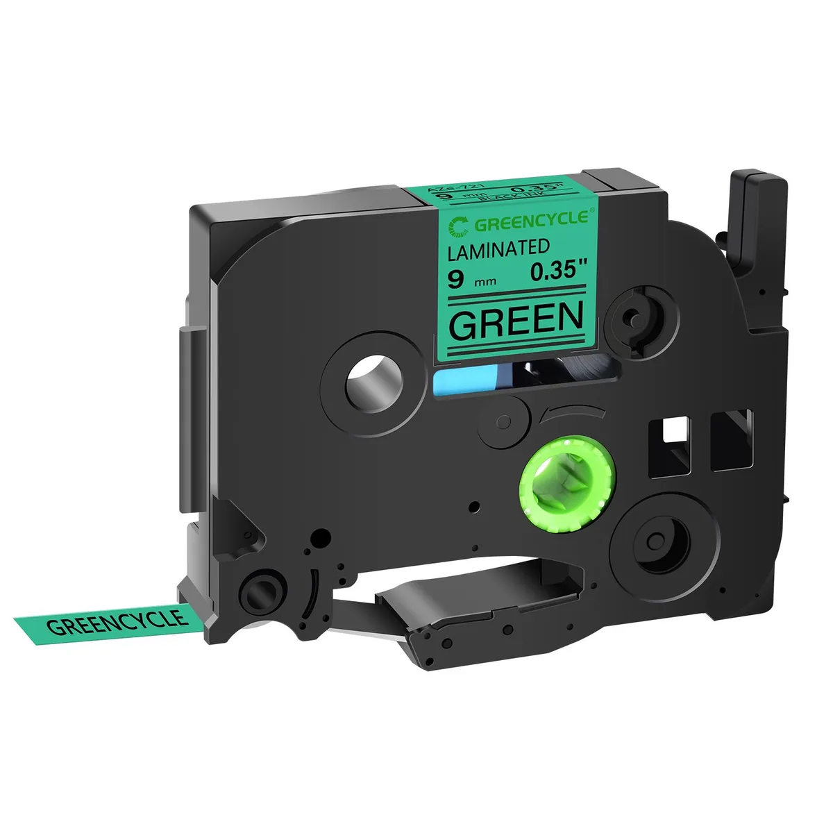 GREENCYCLE GREENCYCLE TZe-721 9mm 26.2ft Black on Green Laminated Label Tape — product photo