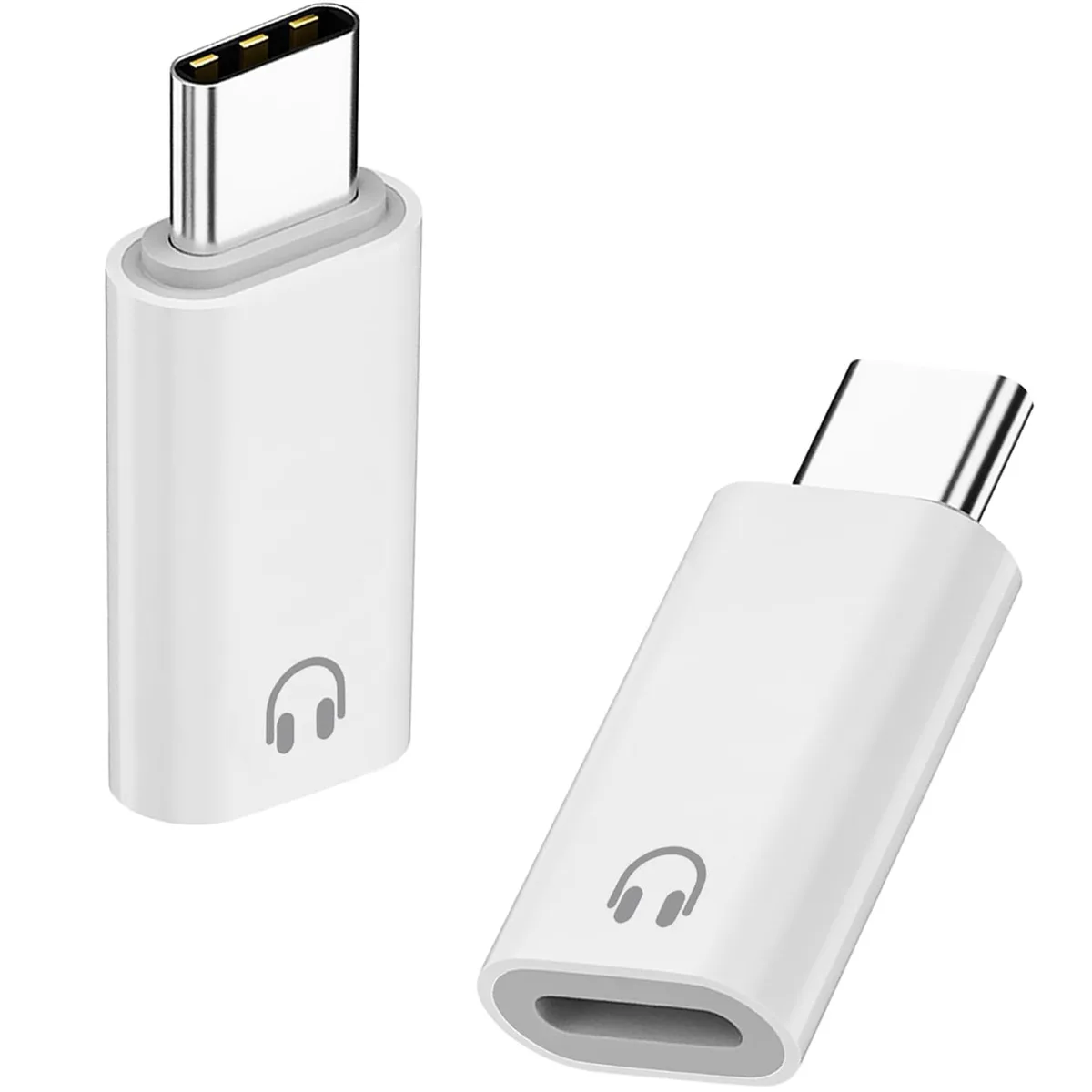 Two white USB-C to Lightning audio adapters, compact aluminium shells