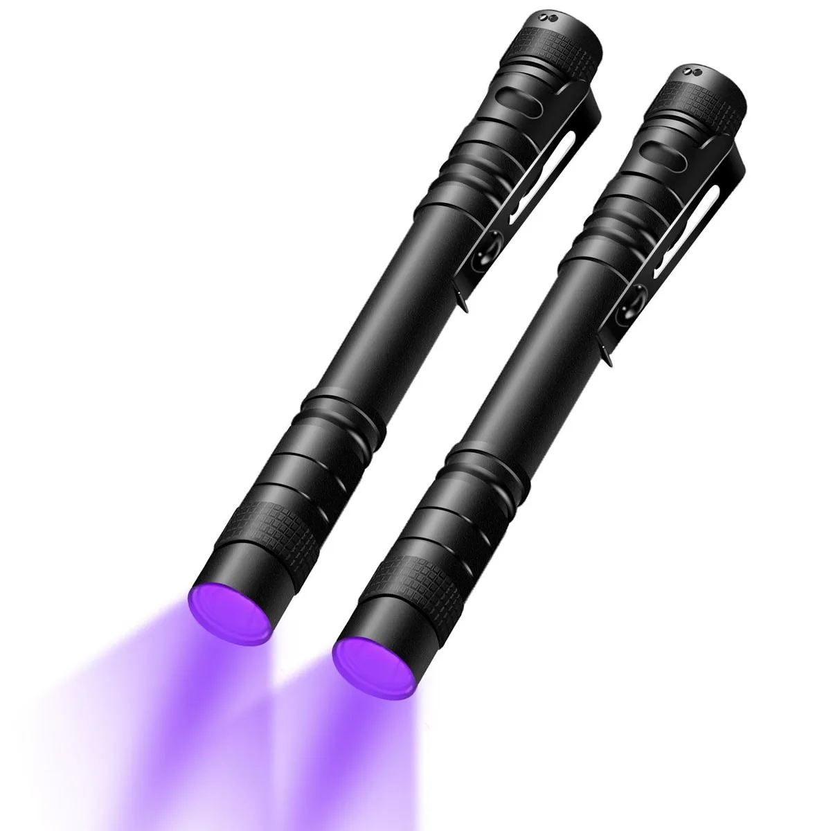 Two slim metal UV penlights with clips, 5.1 inches long, matte finish