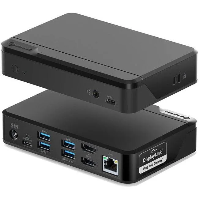 Compact rectangular docking station in dark matte finish with multiple ports visible