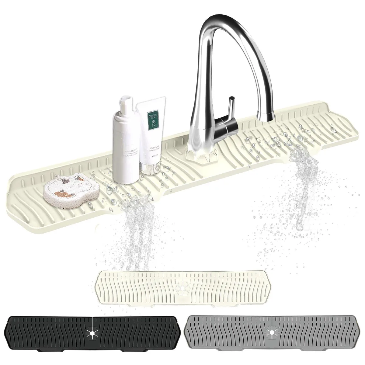 Off-white silicone sink splash guard, 30 by 6 inches, sloped with centre hole