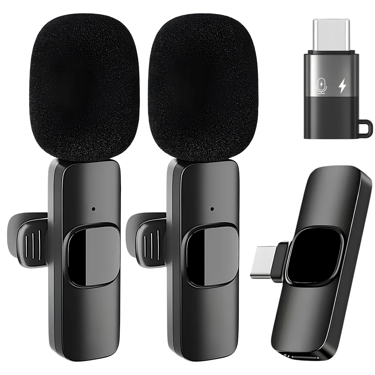 Two small black clip-on wireless microphones with a dual-connector receiver