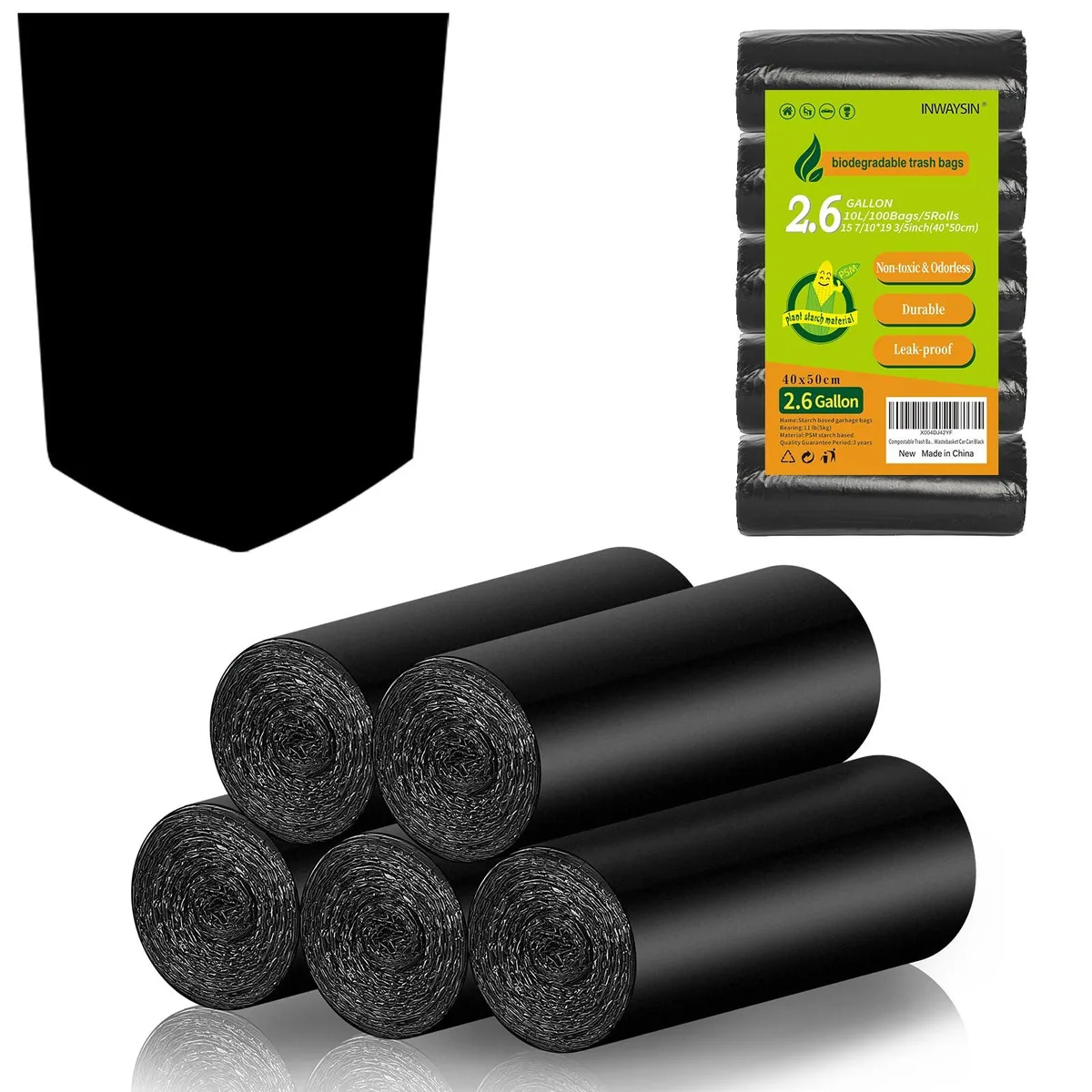 Black biodegradable trash bags on a roll, 2.6 gallon size
