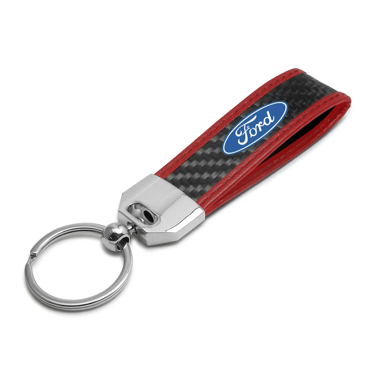 iPick Image, LLC iPick Image, LLC Ford Logo Carbon Fiber Key Chain Red Leather Stitching — product photo