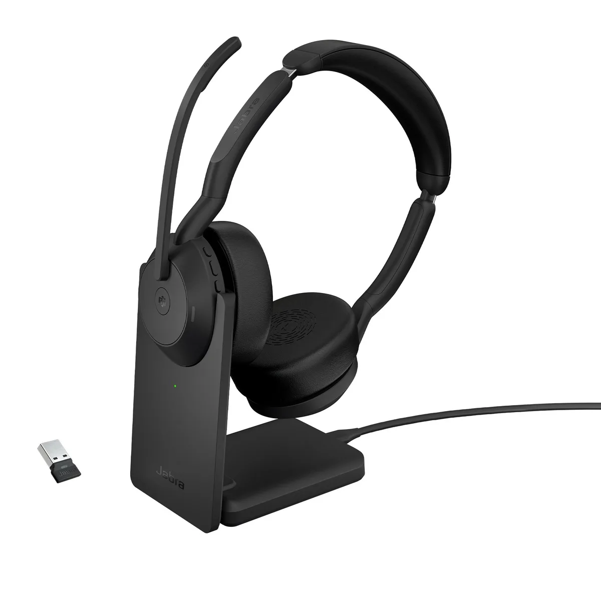 Jabra Enterprise Products Jabra Evolve2 55 MS Stereo headset on-ear Bluetooth wireless ANC USB-A black charging stand — product photo
