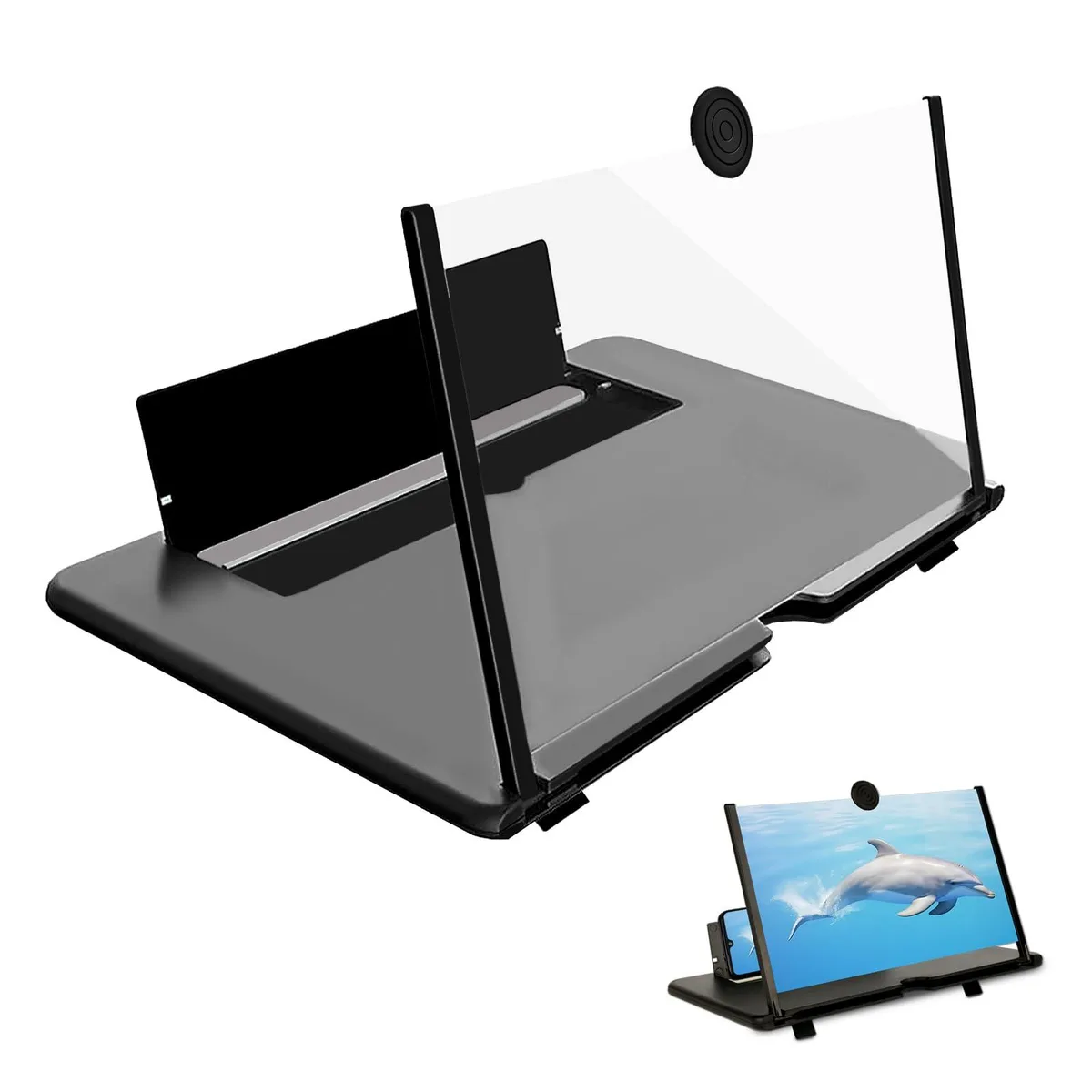 Black foldable 12-inch screen amplifier with phone holder, slim rectangular frame