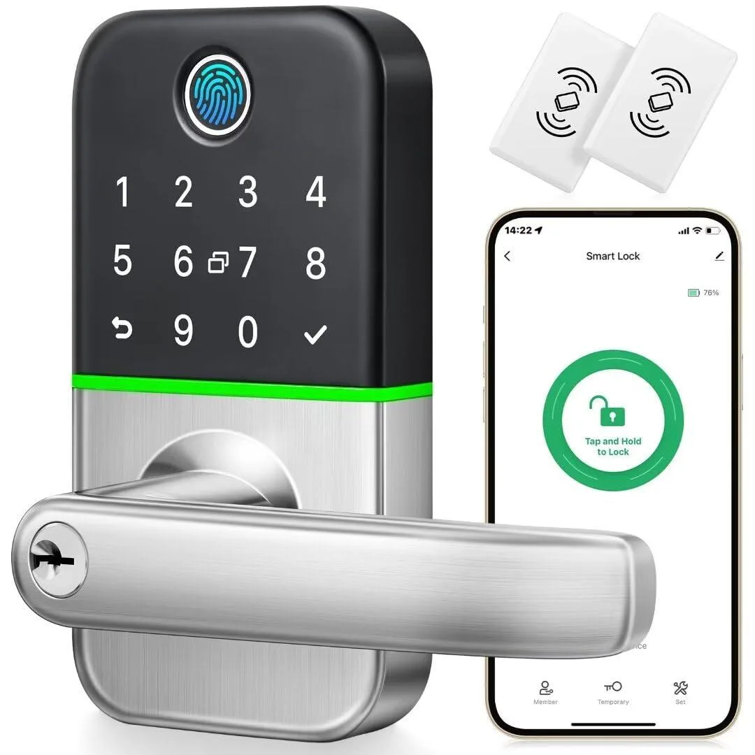 Silver rectangular deadbolt with touch keypad and handle, 5.19 by 2.8 by .78 inches