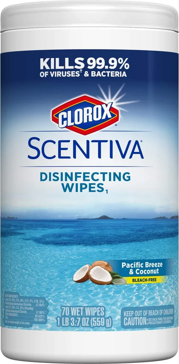 Cylindrical white canister with flip-top lid, labelled Clorox Scentiva Pacific Breeze & Coconut 70 count